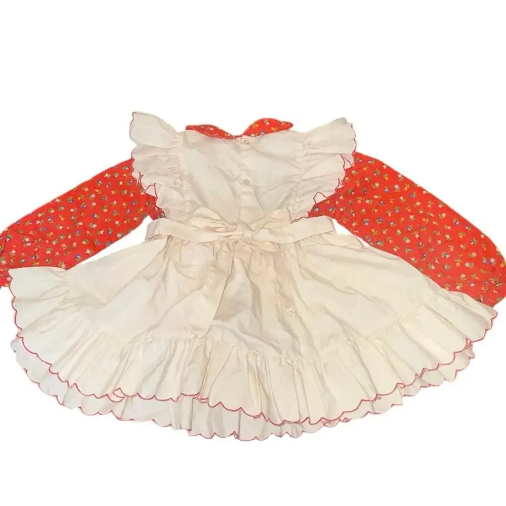 90s Vintage Nannette Prairie Dress 3T Red Floral White Apron Ruffle Cottagecore
